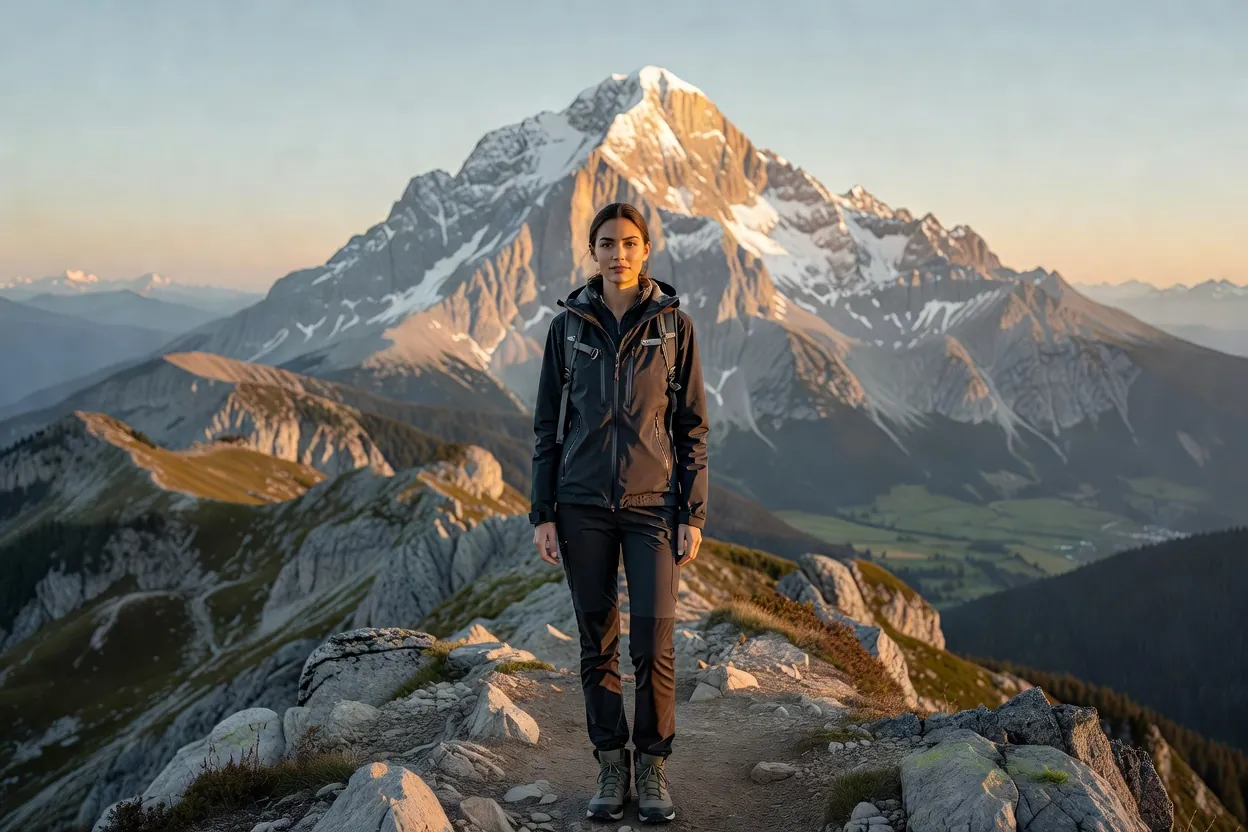 Jeune randonneuse sur un sentier de crête des Alpes juliennes, la face nord du Triglav au lever du jour en arrière-plan