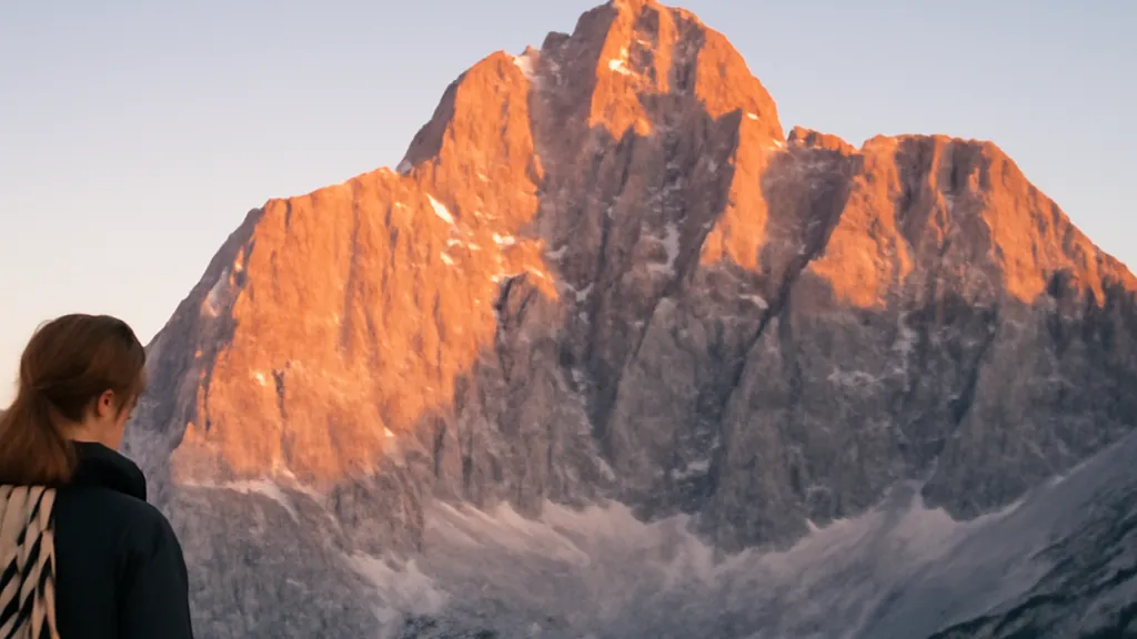 Randonneuse sur un sentier de crête des Alpes juliennes face à la face nord du Triglav au lever du jour