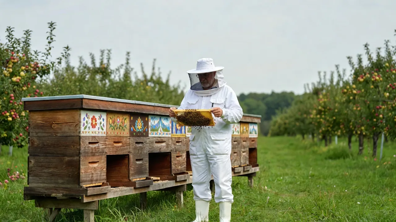 Apicultrice en voile blanc ouvrant une ruche en bois peinte dans un rucher de campagne, au printemps, sous un ciel clair