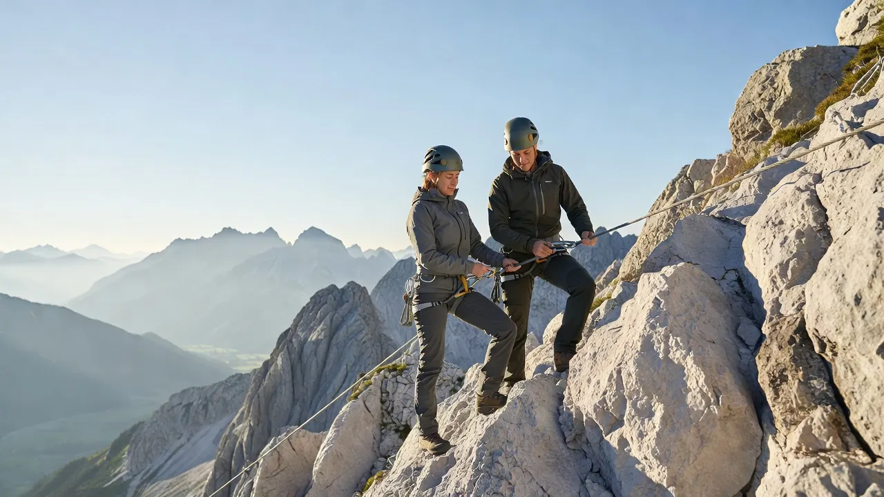 Alpiniste casqué et encordé sur une arête rocheuse du Triglav au lever du jour, câble métallique visible, sommet dégagé au fond