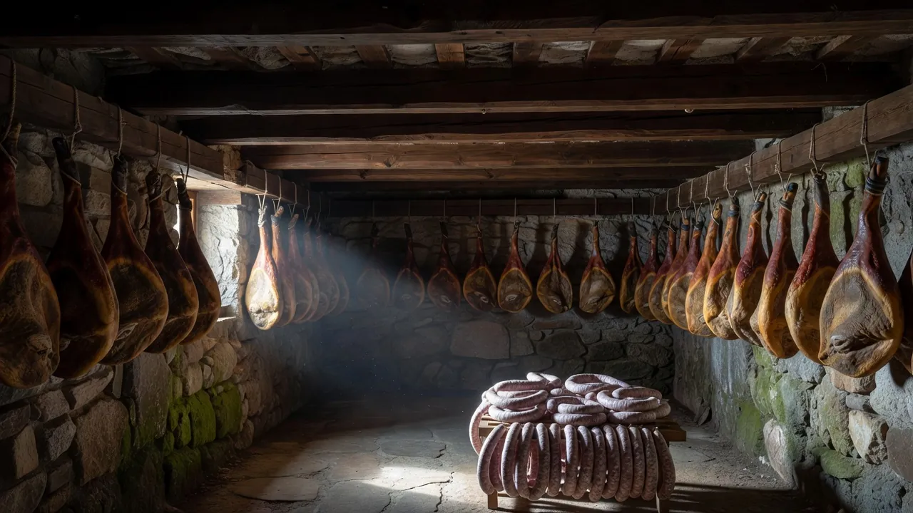 Un charcutier présente des tranches de Kraški pršut et une Kranjska klobasa sur une planche en bois dans un marché slovène.