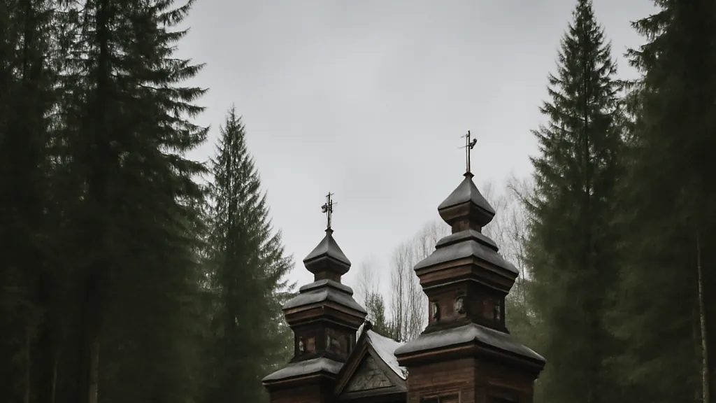Visiteuse en manteau devant la petite chapelle russe en bois du Vršič, sapins et brume matinale dans la montée du col