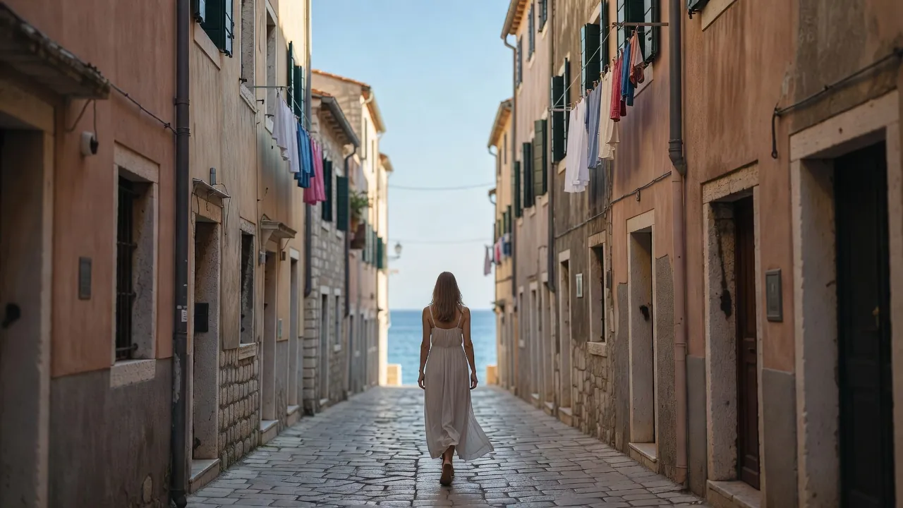 Ruelles de pierre claire de Piran à la fin de l’après-midi, des habitants attablés sur une placette et le clocher dominant les toits de tuiles